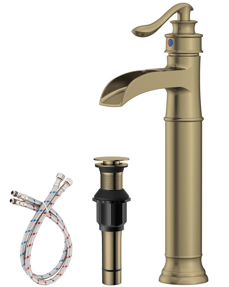 Homevacious Waterfall Vessel Sink Faucet Brass Single Handle 1 Hole Bathroom Sink Faucet with Pop Up Drain Without Overflow Oil Rubbed Bronze Tall Bathroom Faucets Homevacious - Image 1
